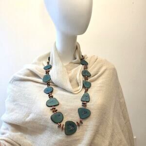 Vintage Boho Tagua Nut Necklace Teal 30" Handmade Teal & Green Vegetable Boho